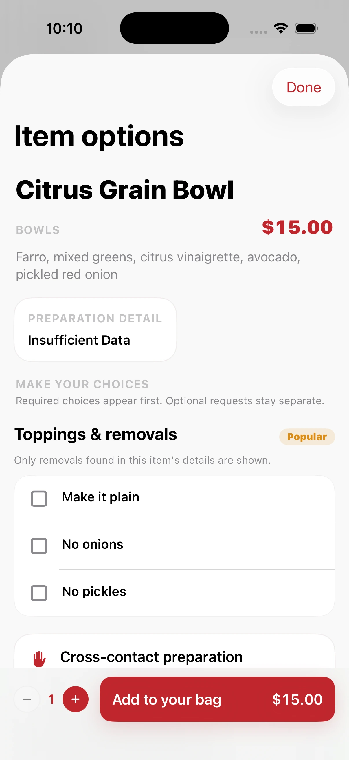 Current Peckish iPhone Simulator capture showing Citrus Grain Bowl item options, preparation details, and the add-to-bag action.