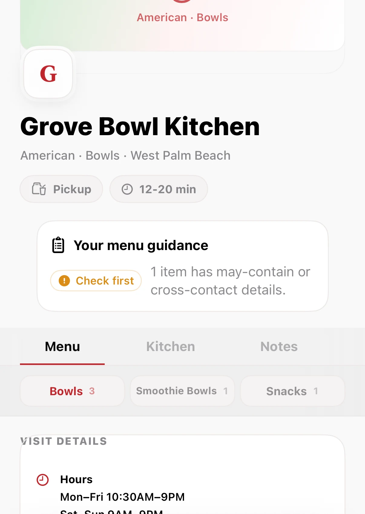 Current Peckish iPhone restaurant detail for Grove Bowl Kitchen in West Palm Beach, showing one Check first mark, its reason, menu sections, and restaurant hours.