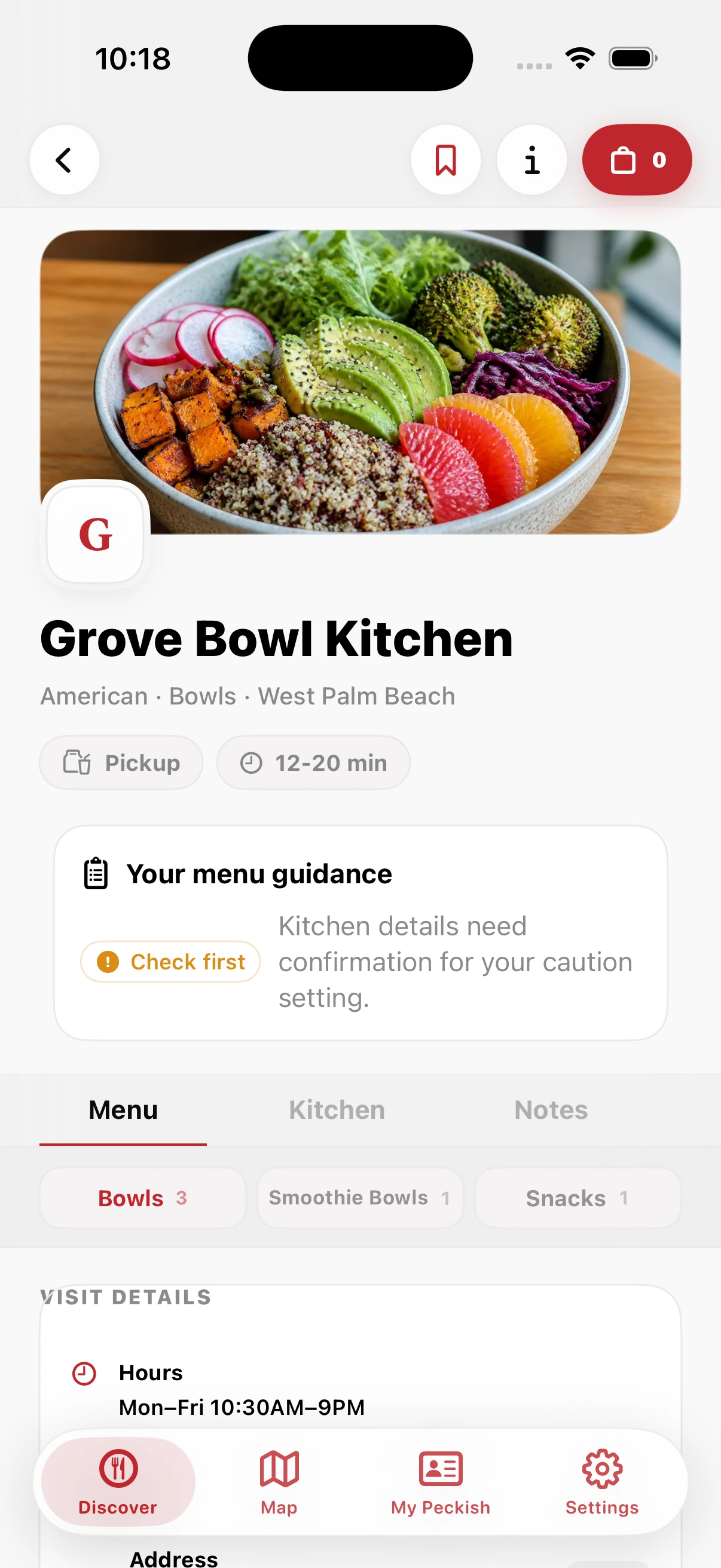 Current Peckish iPhone Simulator capture showing Grove Bowl Kitchen with one Check first mark and its reason.