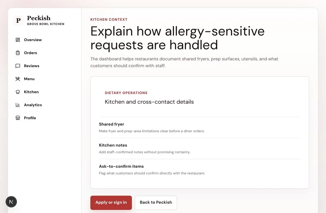 Current read-only Peckish owner dashboard showing the kitchen and cross-contact workflow with demo data.
